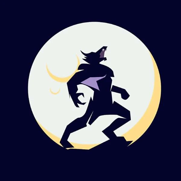 Illustration of a dark silhouette of a werewolf howling against a bright, full moon on a dark navy-blue background.