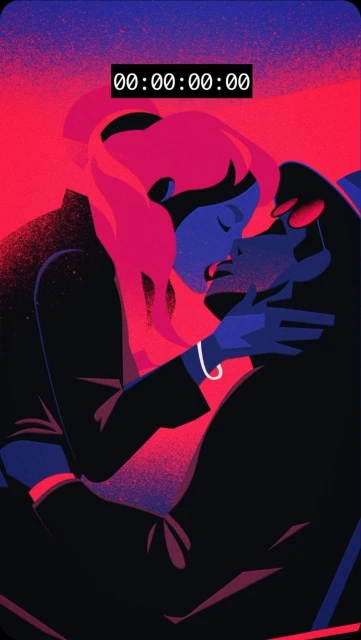 Illustration of a couple embracing against a gradient background of red and blue. The artwork features stylized characters with bold shapes.