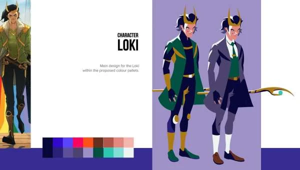 Character design art featuring Loki with multiple costume variations and color swatches. The illustration is against a clean backdrop.