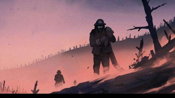 Illustration of a firefighter carrying another person through a war-torn landscape during sunset, showcasing courage and resilience.
