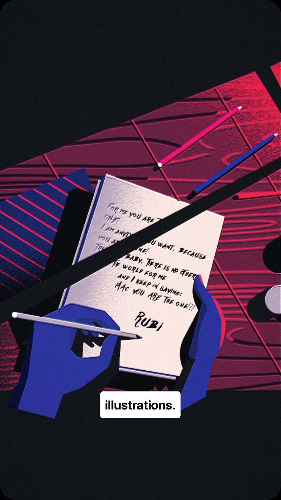 Illustration of hands writing a love letter with red and blue pencils, and decorative red and blue striped tie on dark wood.