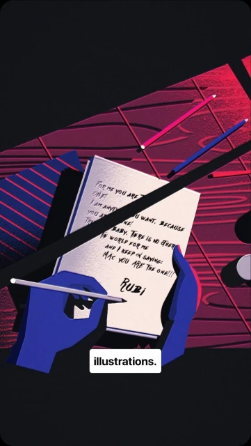 Illustration of hands writing a love letter with red and blue pencils, and decorative red and blue striped tie on dark wood.