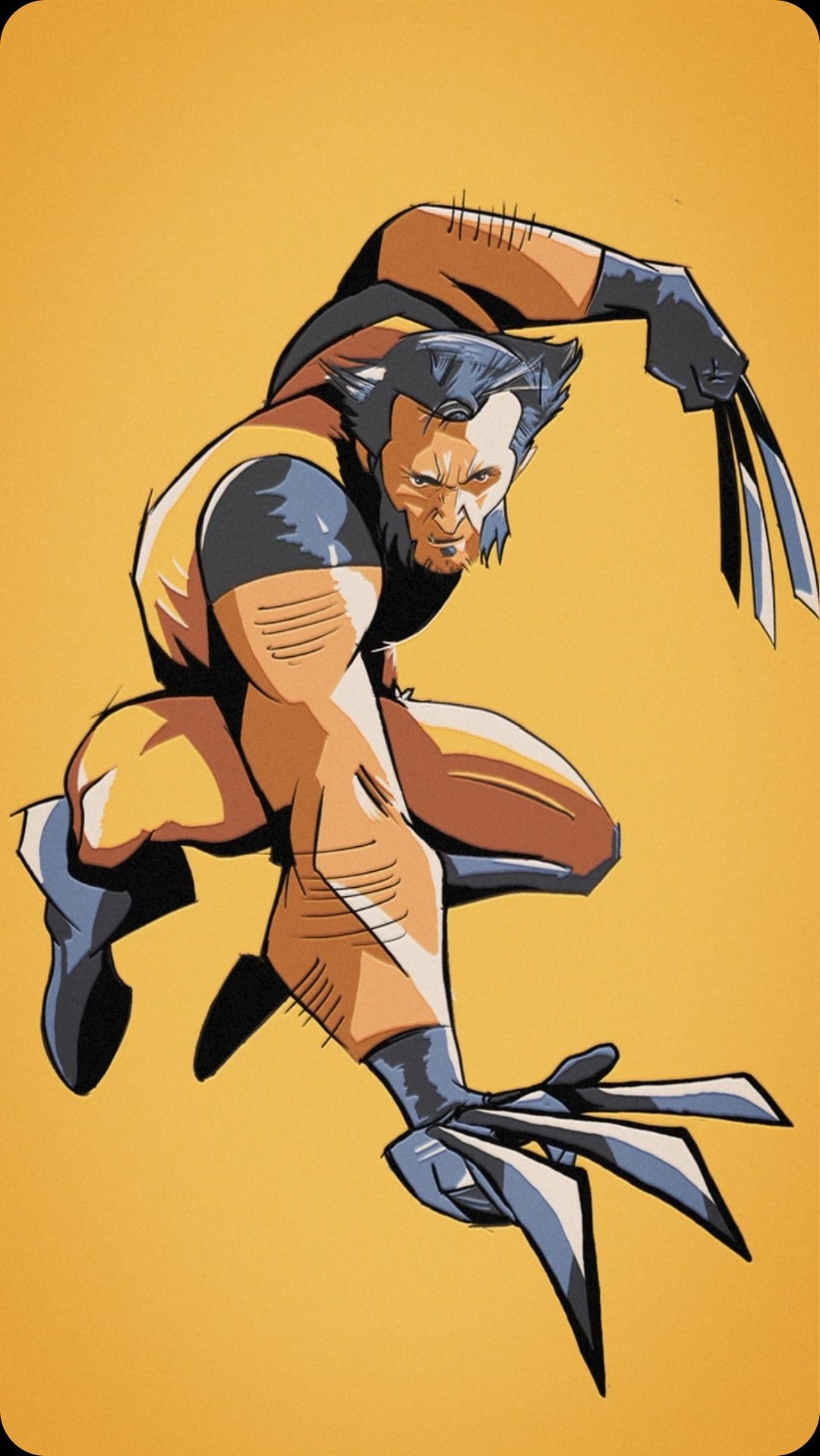 Illustration of Wolverine in a dynamic pose, showcasing claws and costume details against a yellow backdrop, created with comic art style.