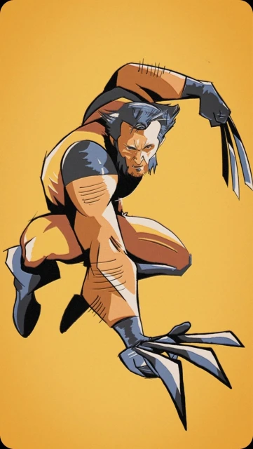 Illustration of Wolverine in a dynamic pose, showcasing claws and costume details against a yellow backdrop, created with comic art style.