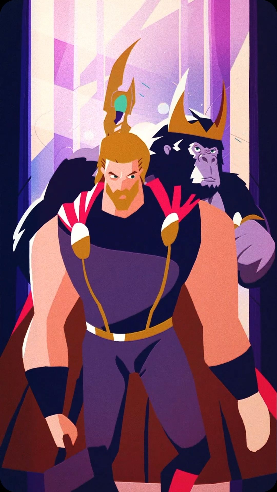 Illustration features a muscular man with a beard and blonde hair alongside a gorilla wearing a crown, both adorned in regal attire.