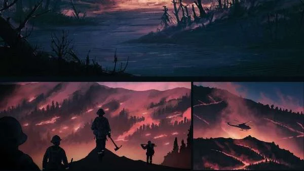 Illustration of a forest fire scene with firemen, helicopter, and mountainous terrain, set against a fiery sky, creating a dramatic landscape.