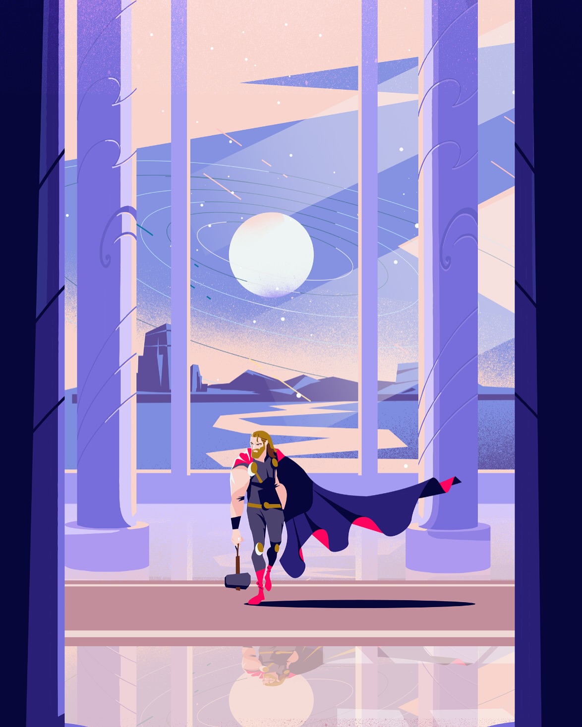 Illustration of Thor walking in a palace with a cosmic landscape visible through the arches, created in a stylized, vector art style.