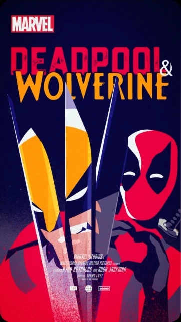 Illustrated poster for Deadpool and Wolverine featuring graphic character depictions and Marvel Studios branding against a dark backdrop.