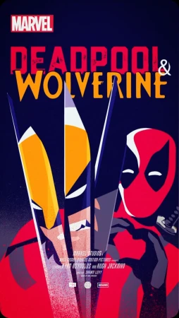Illustrated poster for Deadpool and Wolverine featuring graphic character depictions and Marvel Studios branding against a dark backdrop.