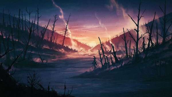 Illustration of a river flowing through a desolate landscape, featuring barren trees and a colorful sky with shades of orange and purple.