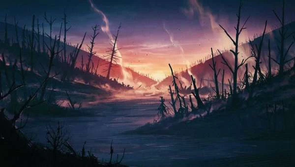 Illustration of a river flowing through a desolate landscape, featuring barren trees and a colorful sky with shades of orange and purple.