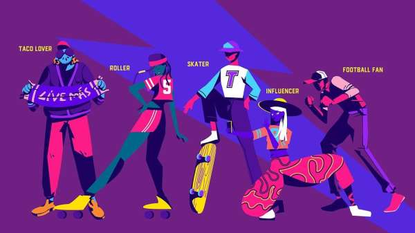 Illustration of five diverse cartoon figures in colorful outfits. A purple background showcases the figures in a lively, cartoon style.