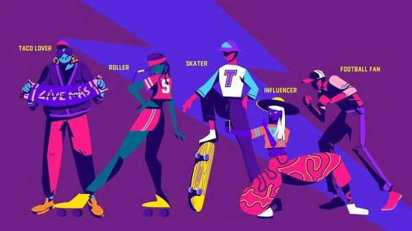 Illustration of five diverse cartoon figures in colorful outfits. A purple background showcases the figures in a lively, cartoon style.