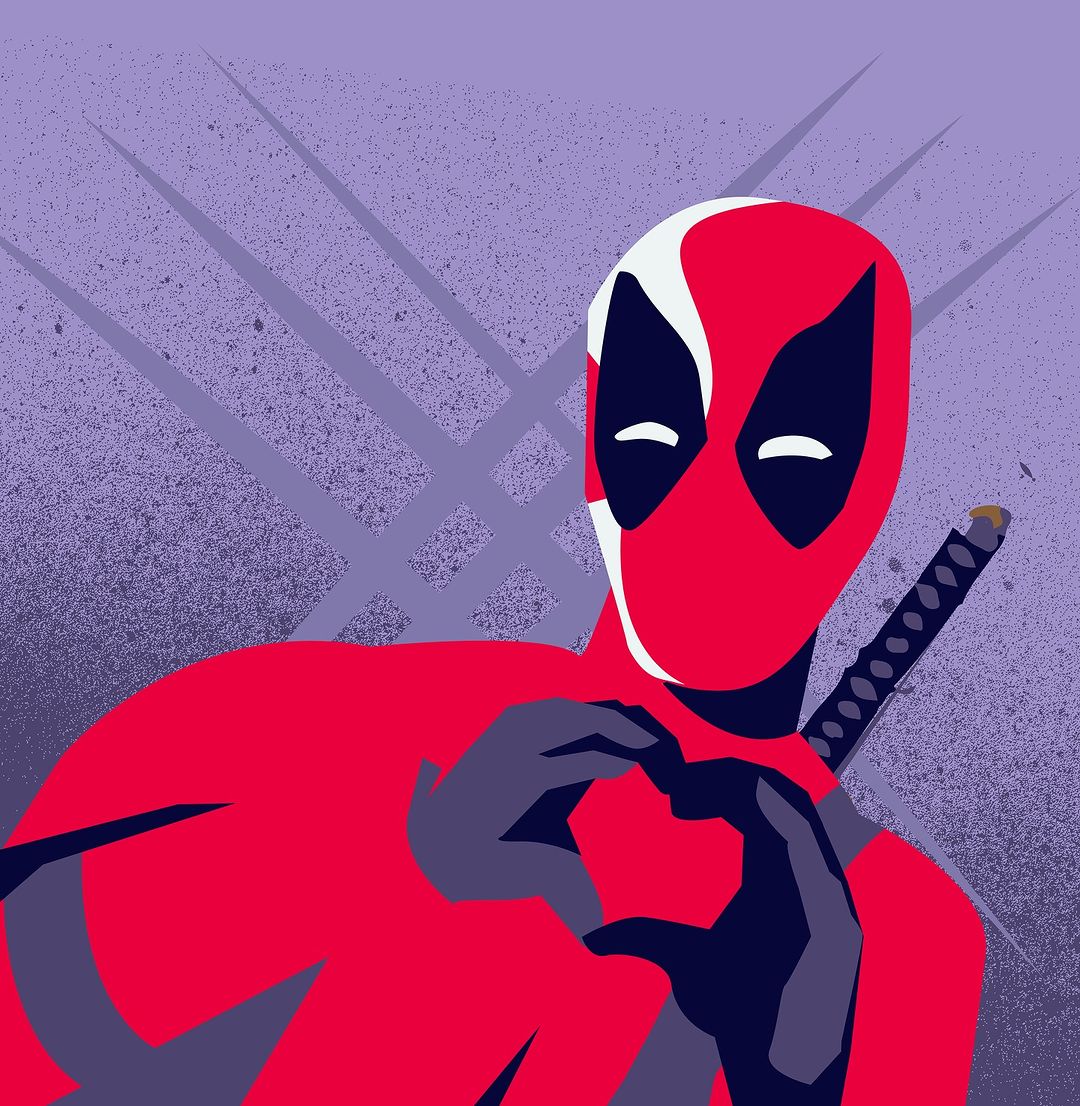 Illustration of Deadpool making a heart shape with his hands against a purple backdrop with light streaks and splatter effect.