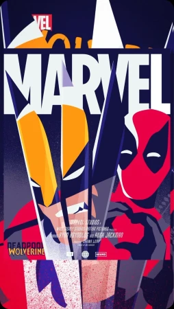 Animated movie poster for 'Deadpool and Wolverine' featuring character artwork in an illustrative style on a dark blue background.