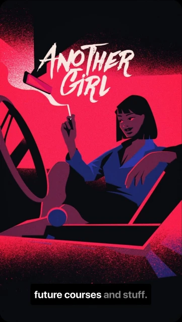 Illustration of a woman in a car, holding a cigarette and phone, with the text "Another Girl" in a stylized font against a red background.