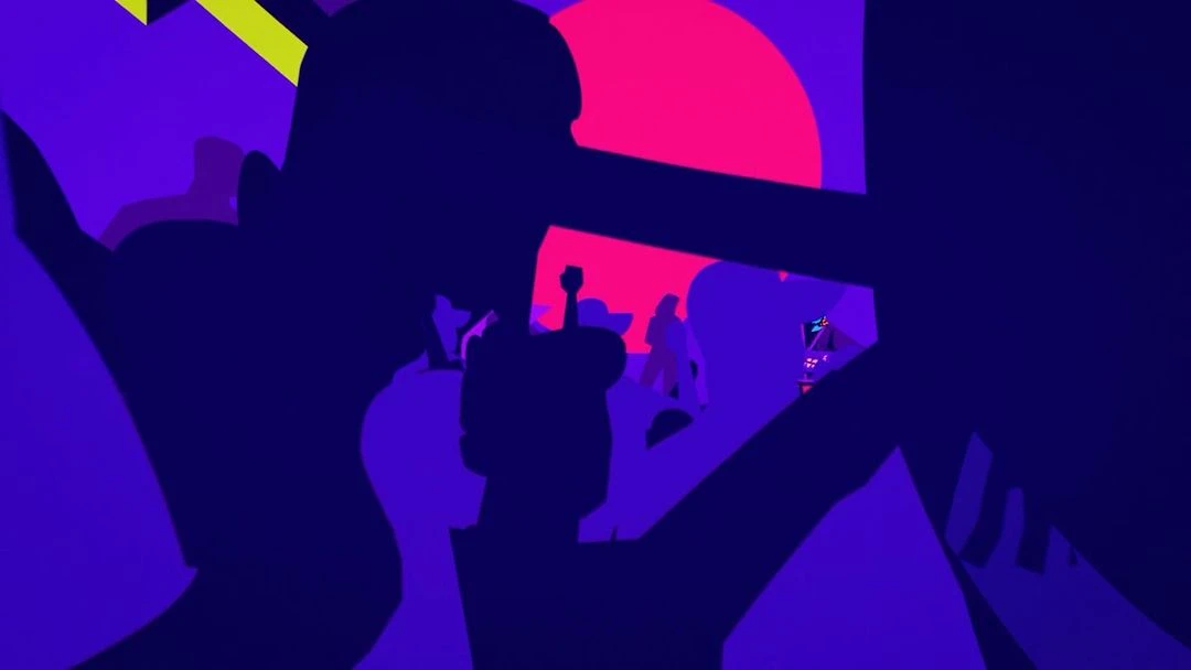 Stylized vector art of people at a concert with a pink sun and blue background. Illustration of audience silhouettes at a show.