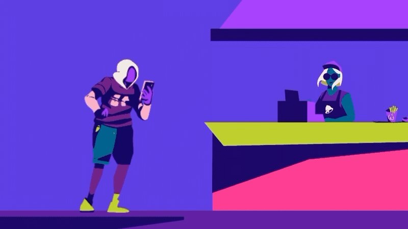 Stylized digital illustration of a hooded figure looking at a phone, contrasted with a Taco Bell employee at a service counter.