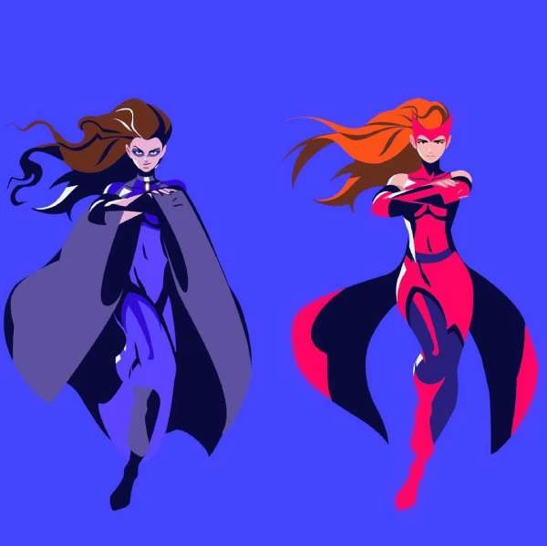 Illustration of two superhero women in red and blue costumes with flowing hair and capes against a solid blue background. 