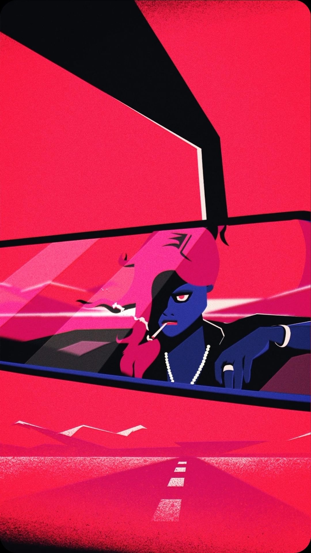 Illustration of a blue-skinned woman with pink hair driving a red car, a cigarette in her mouth, jewelry, and an endless road ahead.