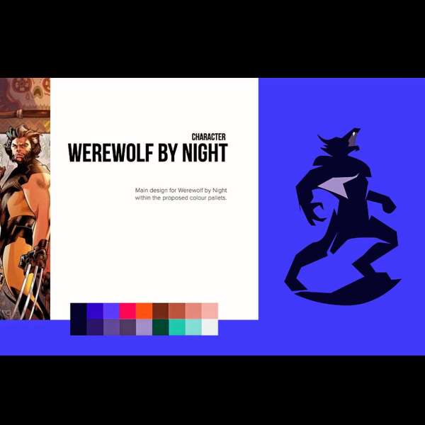 Illustration shows Wolverine comic character, text “Werewolf by Night”, wolf silhouette, and color palette on a stark white and blue background.