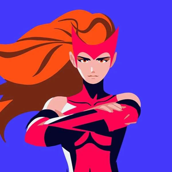 Illustration of a woman with long orange hair wearing a red and black costume with arms crossed on a solid blue background.