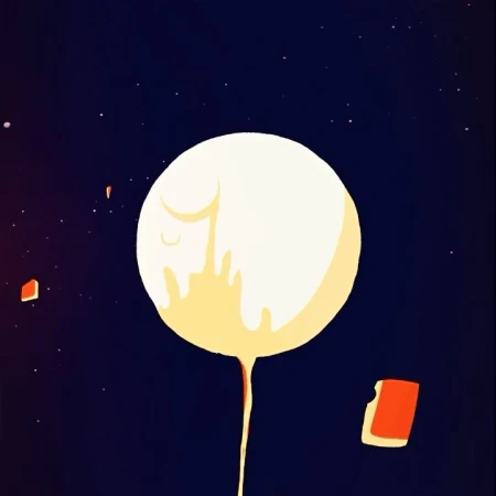 Abstract digital art of a glowing, melting orb against a dark blue, star-filled sky with floating, geometric shapes.