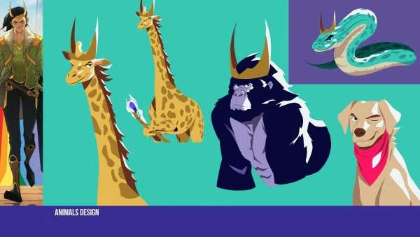 Whimsical animation art: Horned giraffe, ape in gold crown, snake, dog, and character on turquoise & purple.