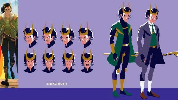 Animated character concept art features Loki in different outfits and facial expressions against a blue background; art style graphic design.