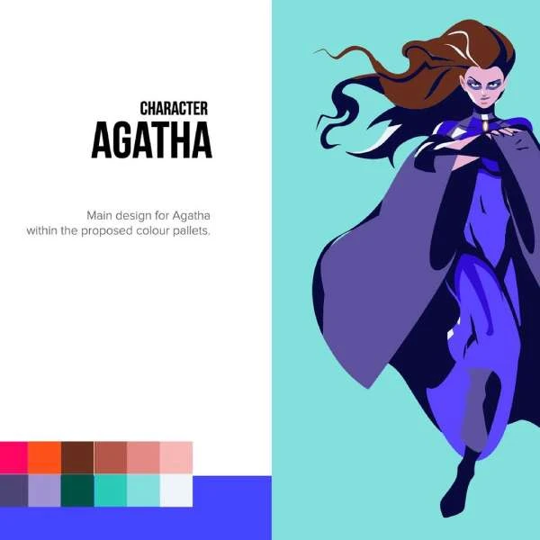 Illustration of a cartoon woman with brown hair wearing a purple outfit and cape, on a split white and teal background with text.