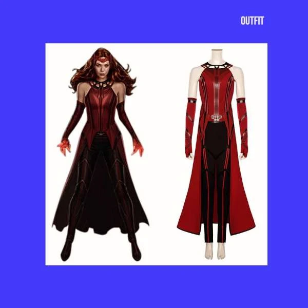 Digitally rendered Scarlet Witch costume, showing the outfit laid out and on a digital rendering of a person against a white background.