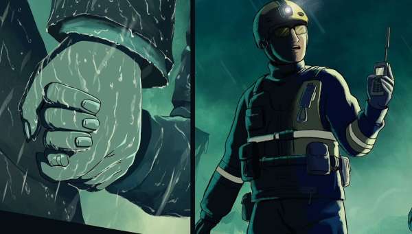 Illustration of a rescue worker with a radio in rainy weather, standing on the right, with a close-up of a hand in the rain on the left.