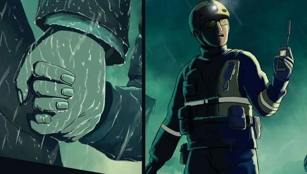 Illustration of a rescue worker with a radio in rainy weather, standing on the right, with a close-up of a hand in the rain on the left.
