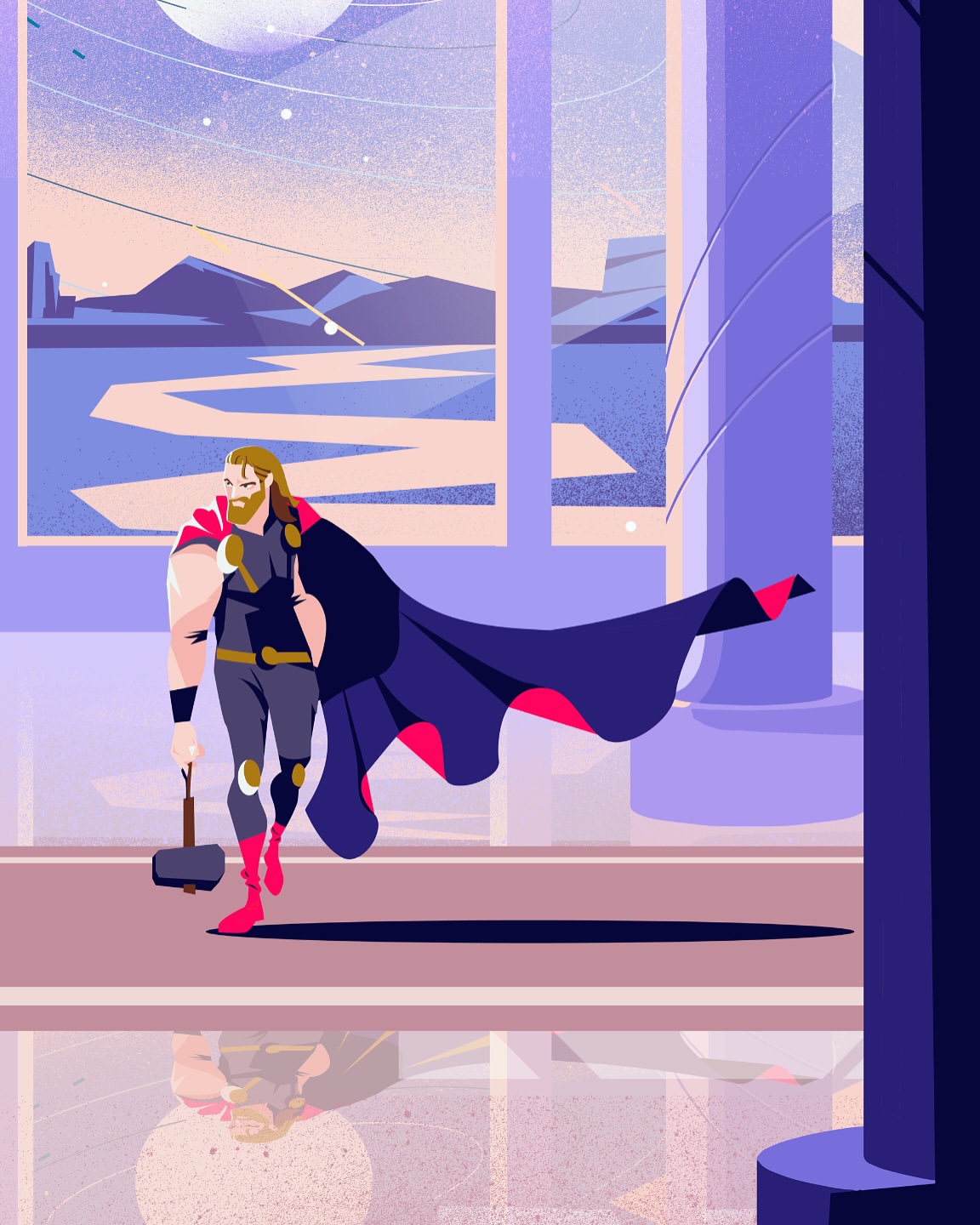 Illustration of a muscular blonde man with long hair, wearing armor and cape, holding a hammer, set against a fantasy landscape.