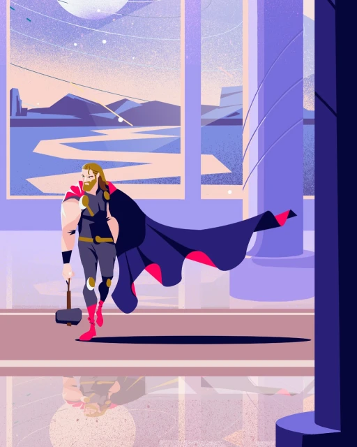 Illustration of a muscular blonde man with long hair, wearing armor and cape, holding a hammer, set against a fantasy landscape.