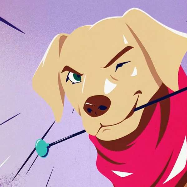 Illustration of cartoon dog with pink scarf, winking, against purple background with motion lines.