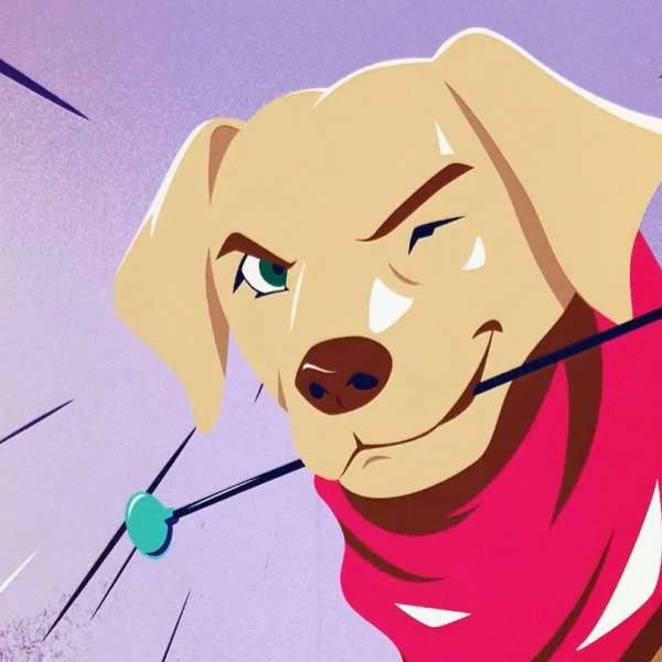 Illustration of cartoon dog with pink scarf, winking, against purple background with motion lines.