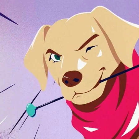 Illustration of cartoon dog with pink scarf, winking, against purple background with motion lines.