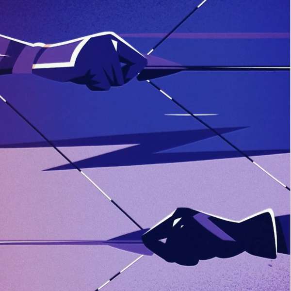 Abstract digital art of two hands holding a bow with an arrow pointing towards the left, set against a purple background.