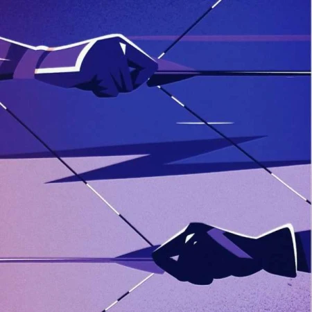 Abstract digital art of two hands holding a bow with an arrow pointing towards the left, set against a purple background.