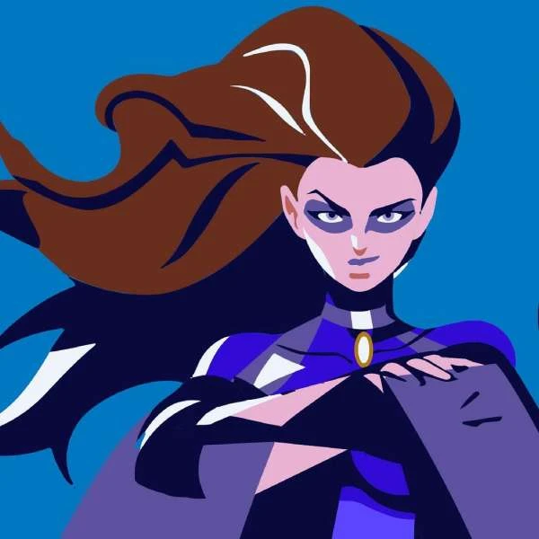 Illustration of a woman with brown hair wearing a purple outfit, arms crossed, against a blue background in a bold, graphic style.