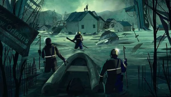 Illustration of rescue workers in a flooded town with submerged buildings, featuring a boat, standing figures, and distant structures.