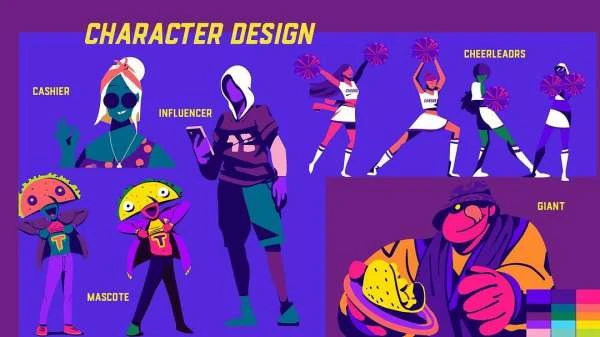 Illustration featuring character designs of a cashier, influencer, mascots, cheerleaders, and a giant, all in a vibrant and stylized manner.