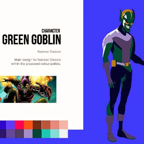 Illustration of the Green Goblin character, a classic comic book villain, in a modern vector style against a blue backdrop.