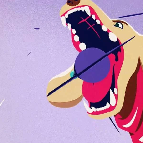 Cartoon drawing of a dog's head with an open mouth. The illustration features a purple circle and a light purple backdrop.