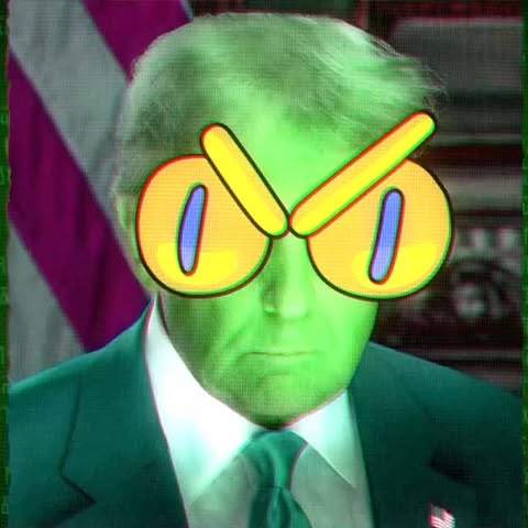 Person wearing cartoon glasses filter with an American flag visible in the background, shot with a green color grading filter.