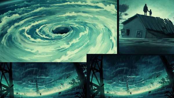 Digital painting of a large storm over water and a flooded town, with a mother and child on a rooftop, creating a dramatic and evocative scene.