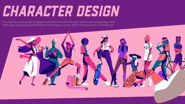 Character design illustration featuring a diverse group of stylized women in bright outfits against a purple and pink backdrop.