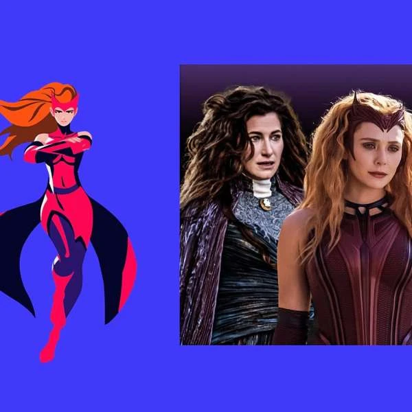 Collage of Scarlet Witch versions: animated figure with two live-action versions. Red-and-black costumes, long wavy auburn hair.