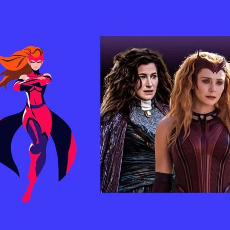 Collage of Scarlet Witch versions: animated figure with two live-action versions. Red-and-black costumes, long wavy auburn hair.